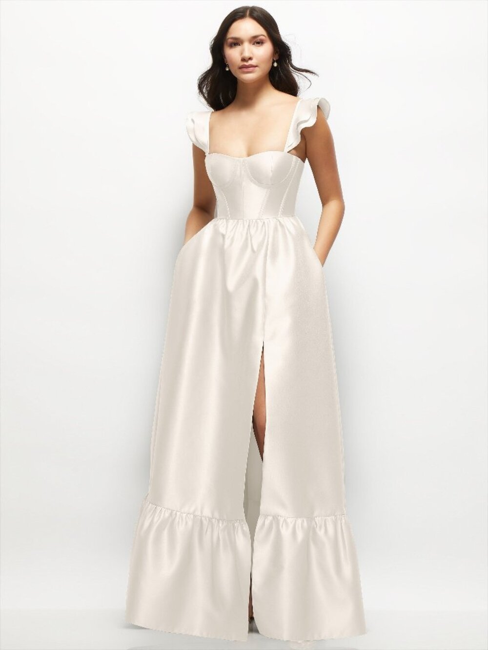 Dessy Collection Ivory Satin Corset Maxi Dress with Ruffle Straps Skirt Size 14
